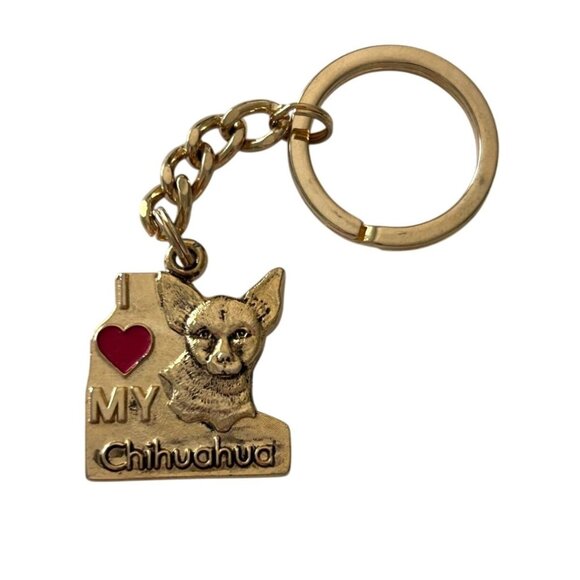 Vintage Gold Tone I Love My Chihuahua Keychain Heart - Picture 1 of 3